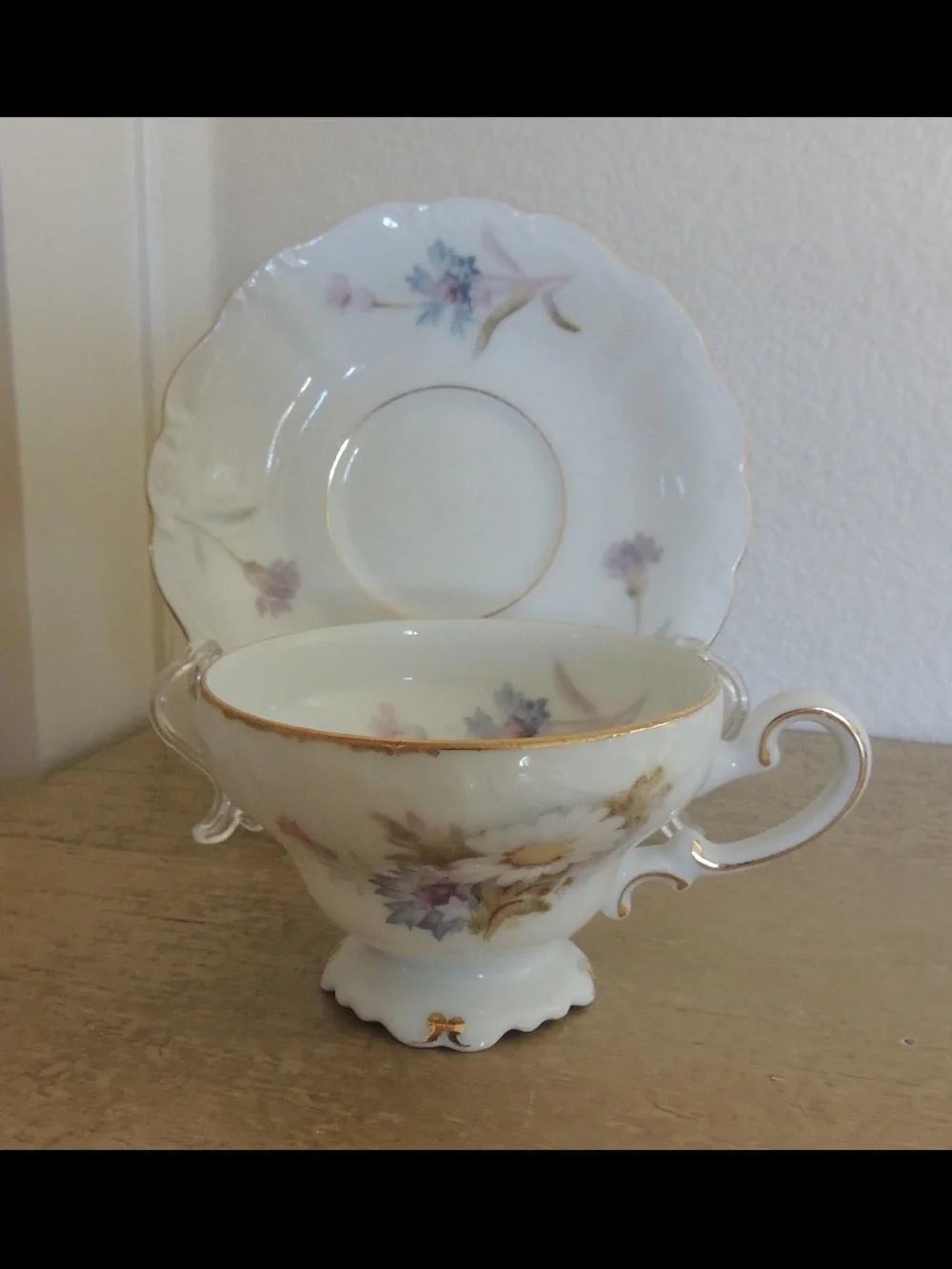 Occupied Japan Porcelain Floral Teacup and Saucer with Gold Trim